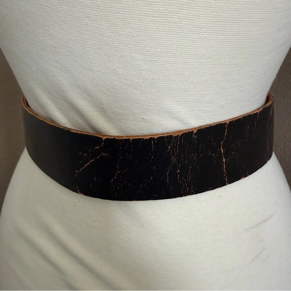 Vintage Handmade Calder NYC Wide Black Leather Waist Belt Brass Closure Boho
